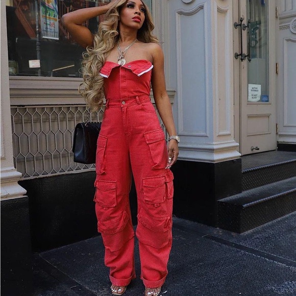 Red Denim Cargo Jumpsuit - Picture 2 of 8